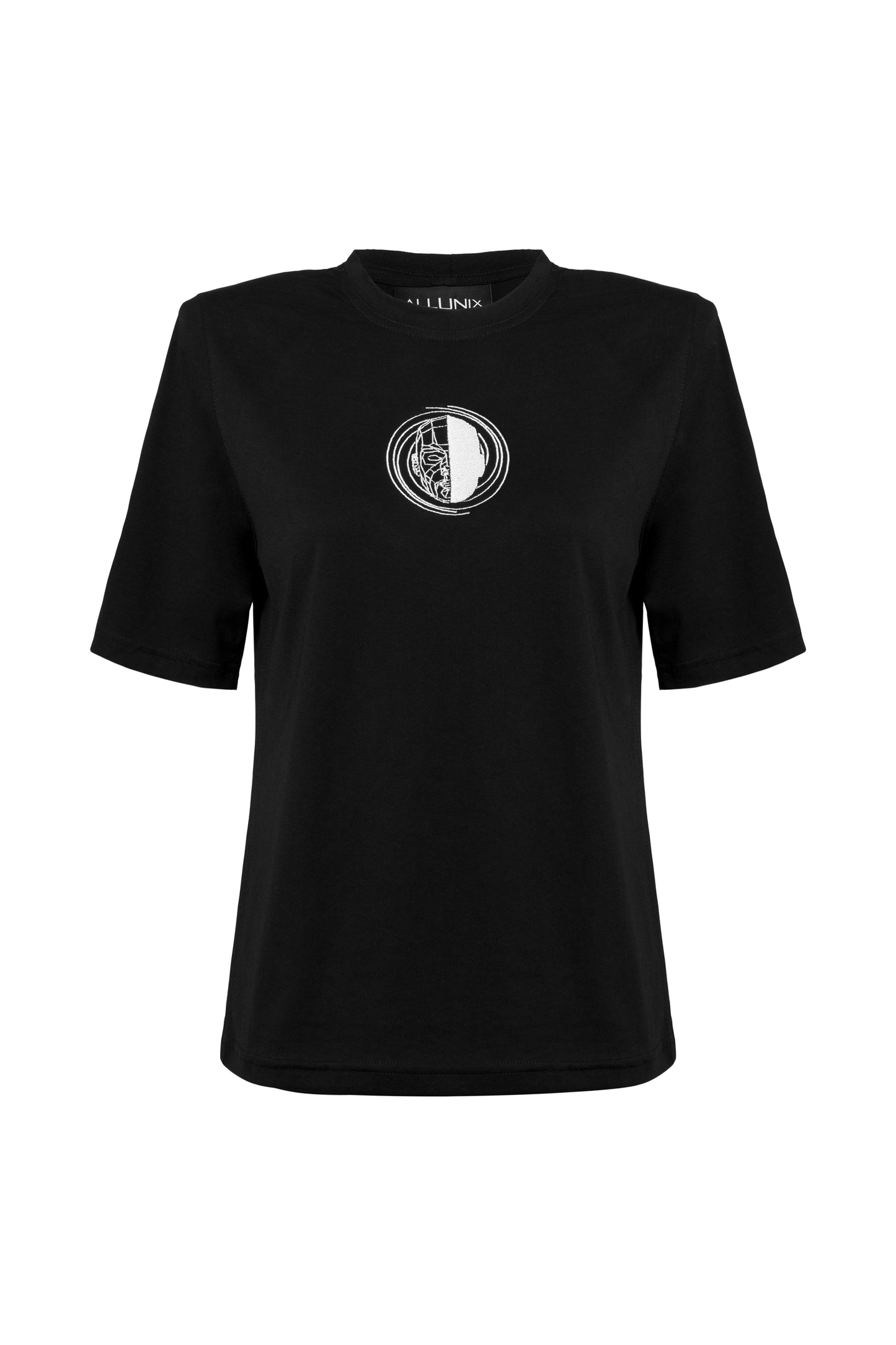 Black, oversized silhouette t-shirt with face embroidery in white. The embroidery is in the upper frontal centre of the t-shirt. The fabric is from 100% eco-friendly cotton. It's photographed from the front on white background.