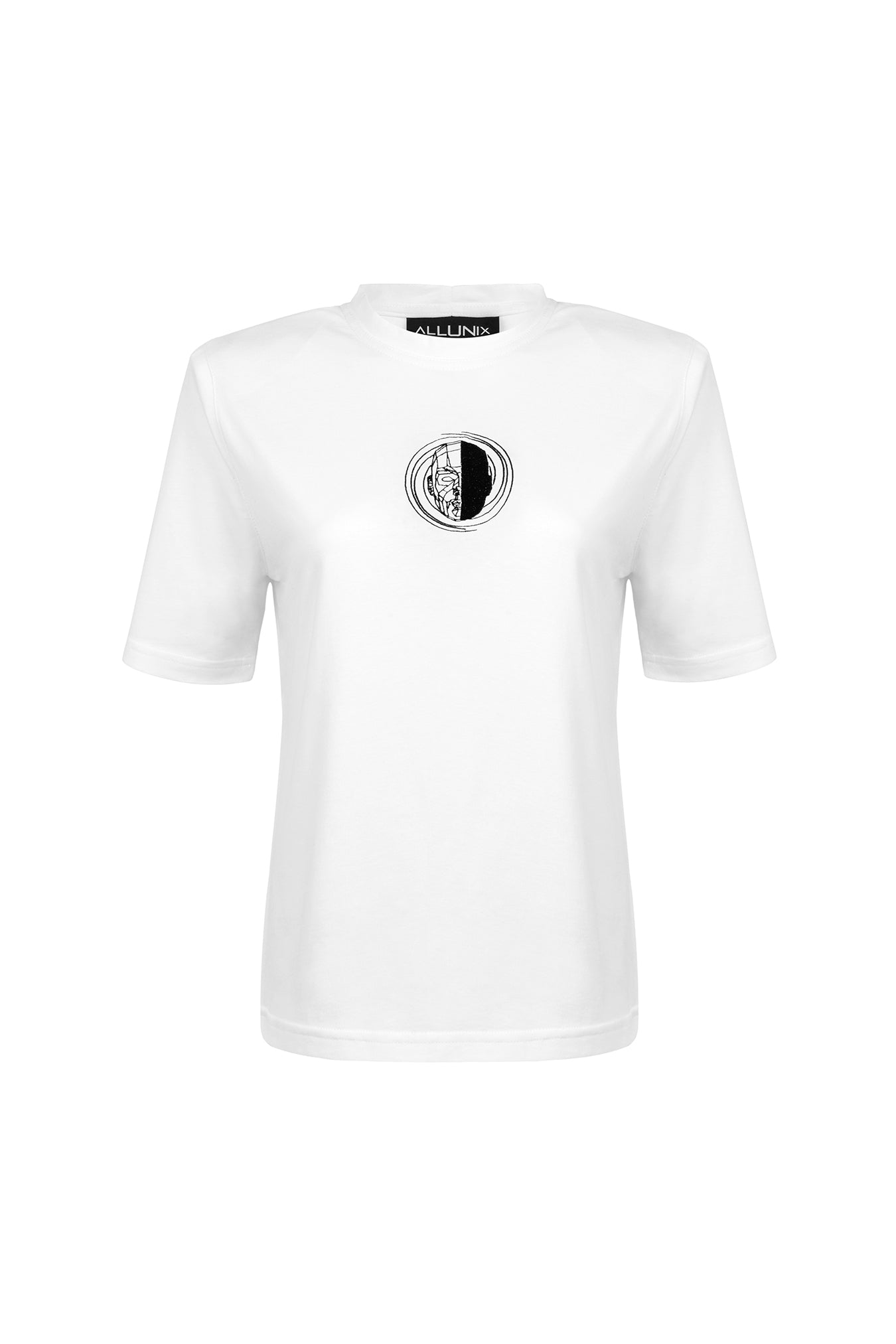 White, oversized silhouette t-shirt with face embroidery in black. The embroidery is in the upper frontal centre of the t-shirt. The fabric is from 100% eco-friendly cotton. It's photographed from the front on white background.