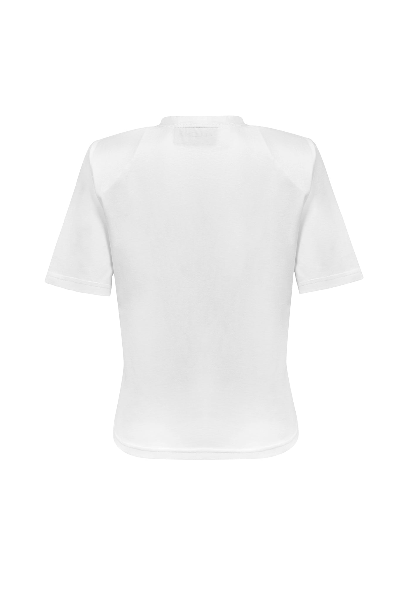 White, oversized silhouette t-shirt with ICOSahedron embroidery in black. The embroidery is in the upper frontal centre of the t-shirt. The fabric is from 100% eco-friendly cotton. It's photographed from the back on white background.