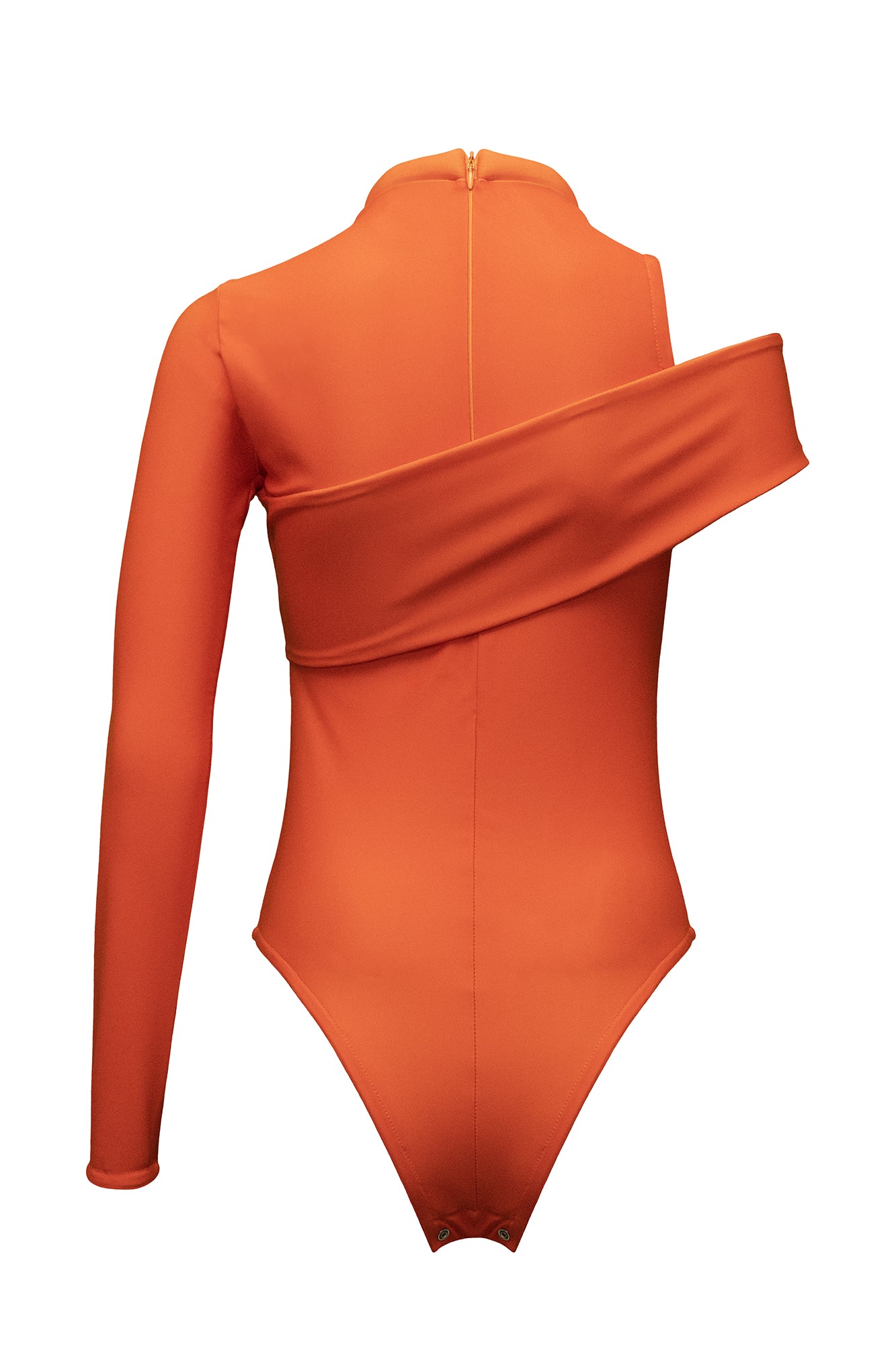 The avant-garde design of the bodysuit Scarlet is with one sleeve, chest detail, a neck rope and embroidery. The elastic material adapts to the body shape and emphasizes its curves. The bodysuit photograph is from the back on a white background where the zip of it is visible.