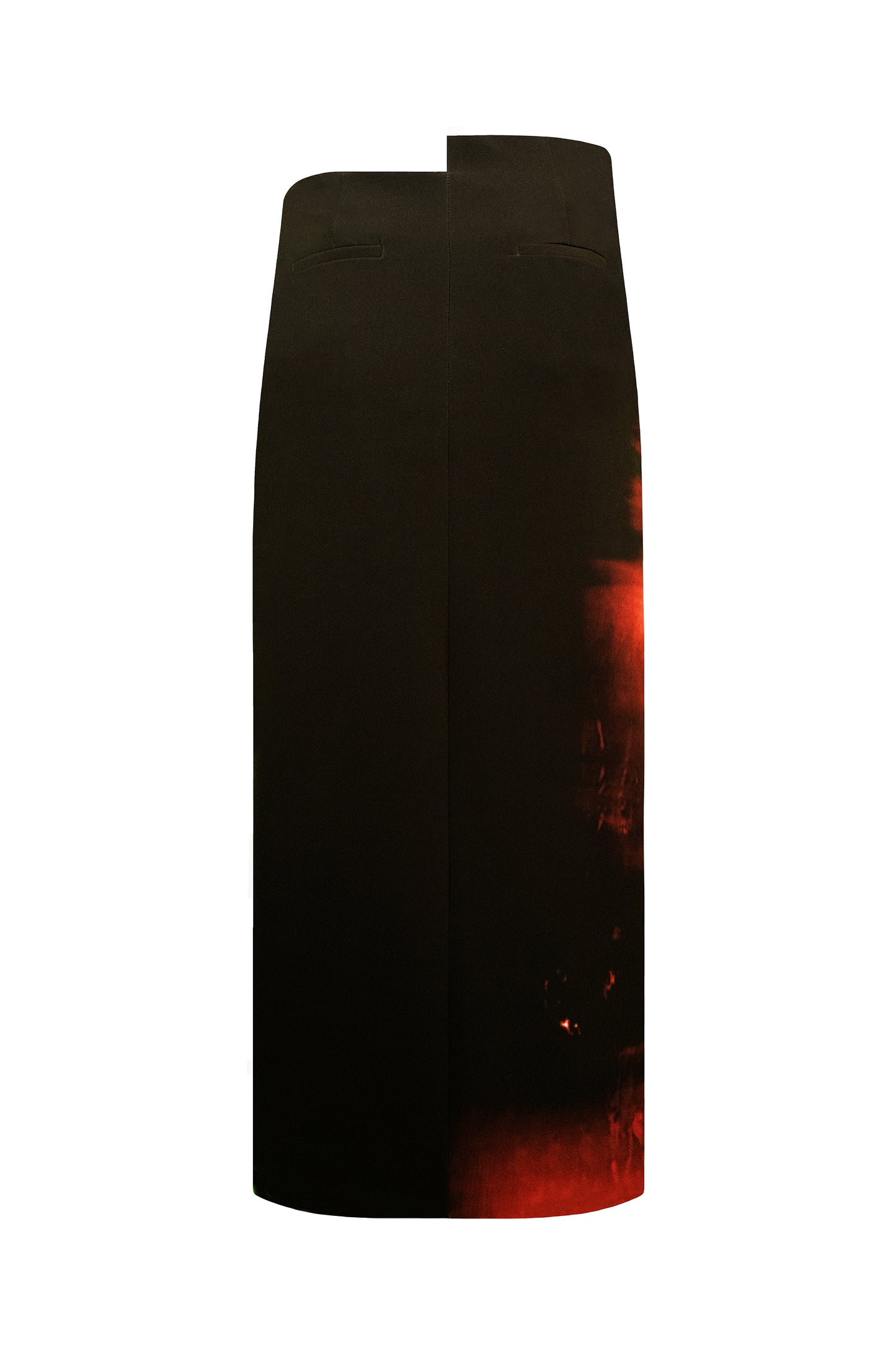 The photograph presents a long skirt with stepping on the waist and original print. The print is inspired to recreate a woman's facial movement of the exact moment when feeling satisfaction. The skirt photograph is from the back on a white background.