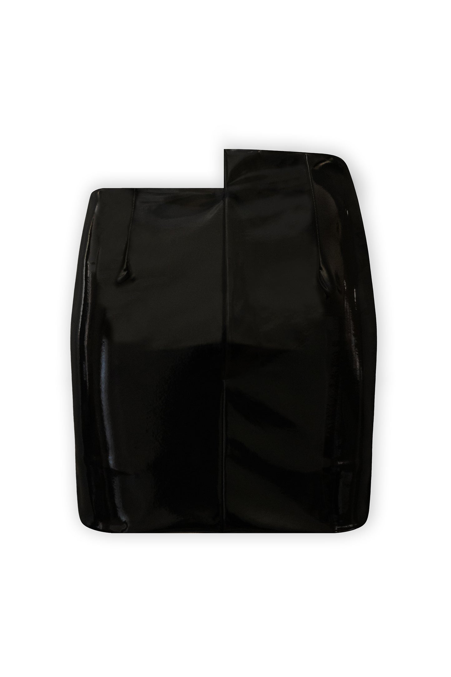 A black mini skirt with stepping on the waist, made from 100% eco leather and closed with soft lining. The skirt photograph is from the back on a white background.
