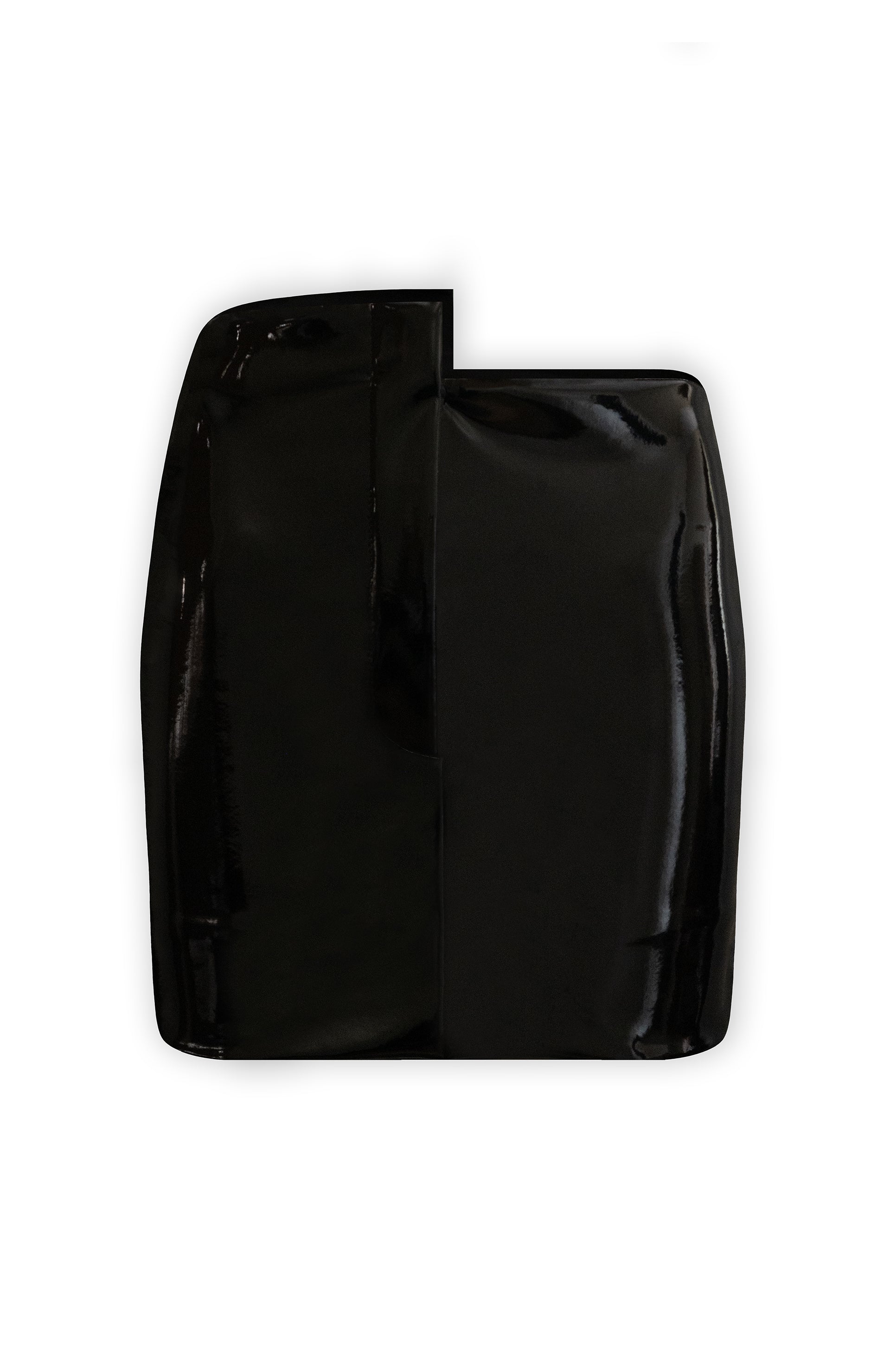 A black mini skirt with stepping on the waist, made from 100% eco leather and closed with soft lining. The skirt photograph is from the front on a white background.