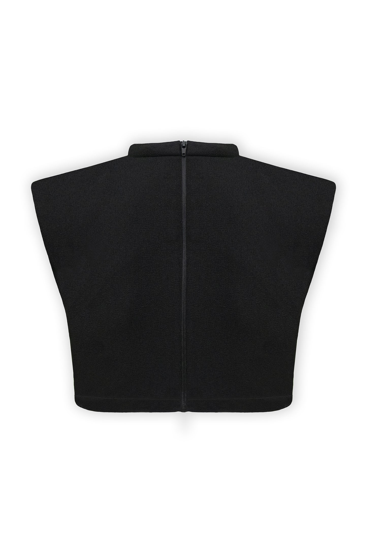 Black padded crop top with a neck rope and embroidery. The embroidery's position is in the upper frontal centre of the padded crop top with an original design. The padded crop top photograph is from the back on a white background.