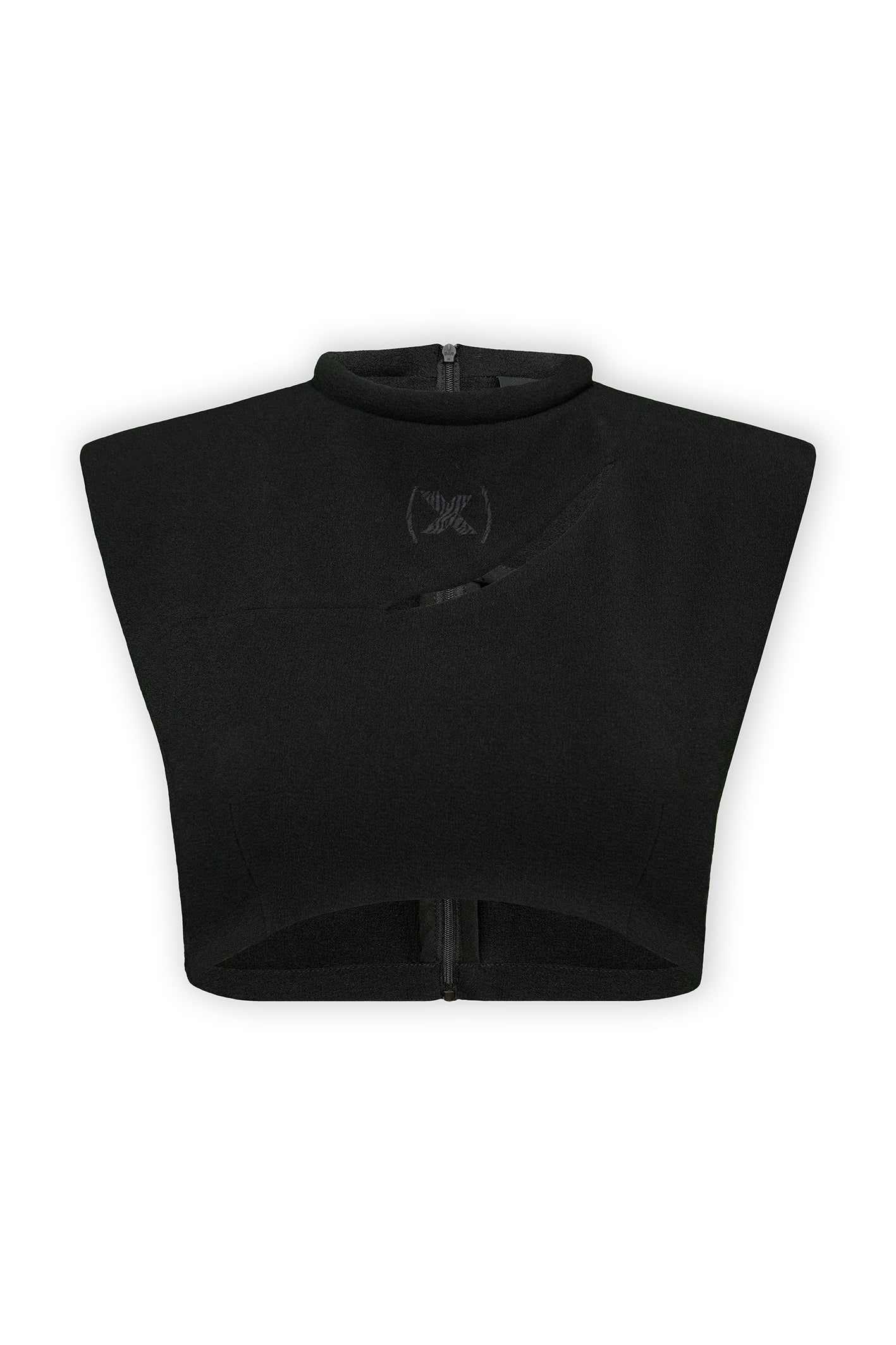 Black padded crop top with a neck rope and embroidery. The embroidery's position is in the upper frontal centre of the padded crop top with an original design. The padded crop top photograph is from the front on a white background.