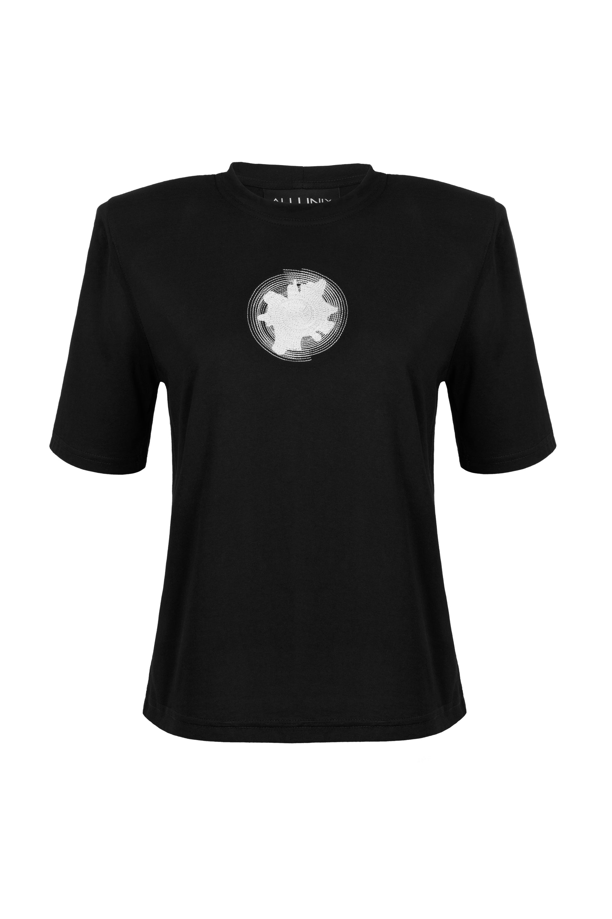 Black, oversized silhouette t-shirt with spiral embroidery in white. The embroidery is in the upper frontal centre of the t-shirt. The fabric is from 100% eco-friendly cotton. It's photographed from the front on white background.