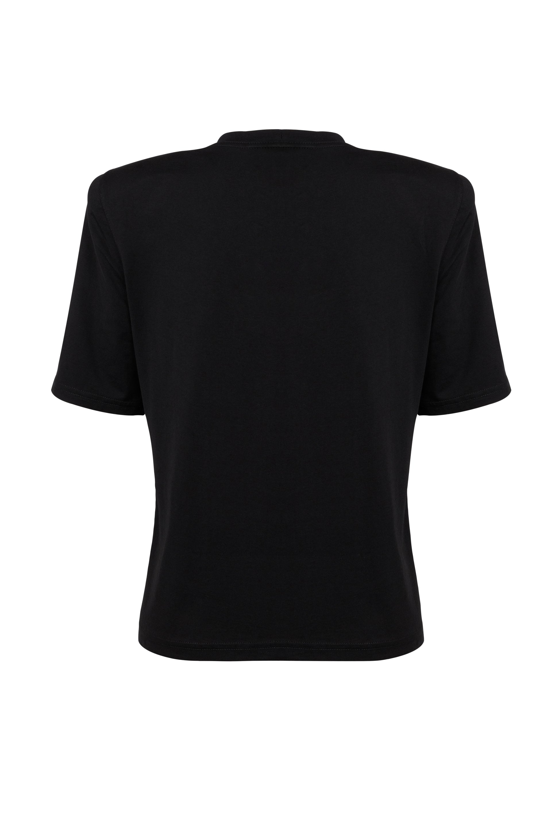 Black, oversized silhouette t-shirt with spiral embroidery in white. The embroidery is in the upper frontal centre of the t-shirt. The fabric is from 100% eco-friendly cotton. It's photographed from the back on white background.
