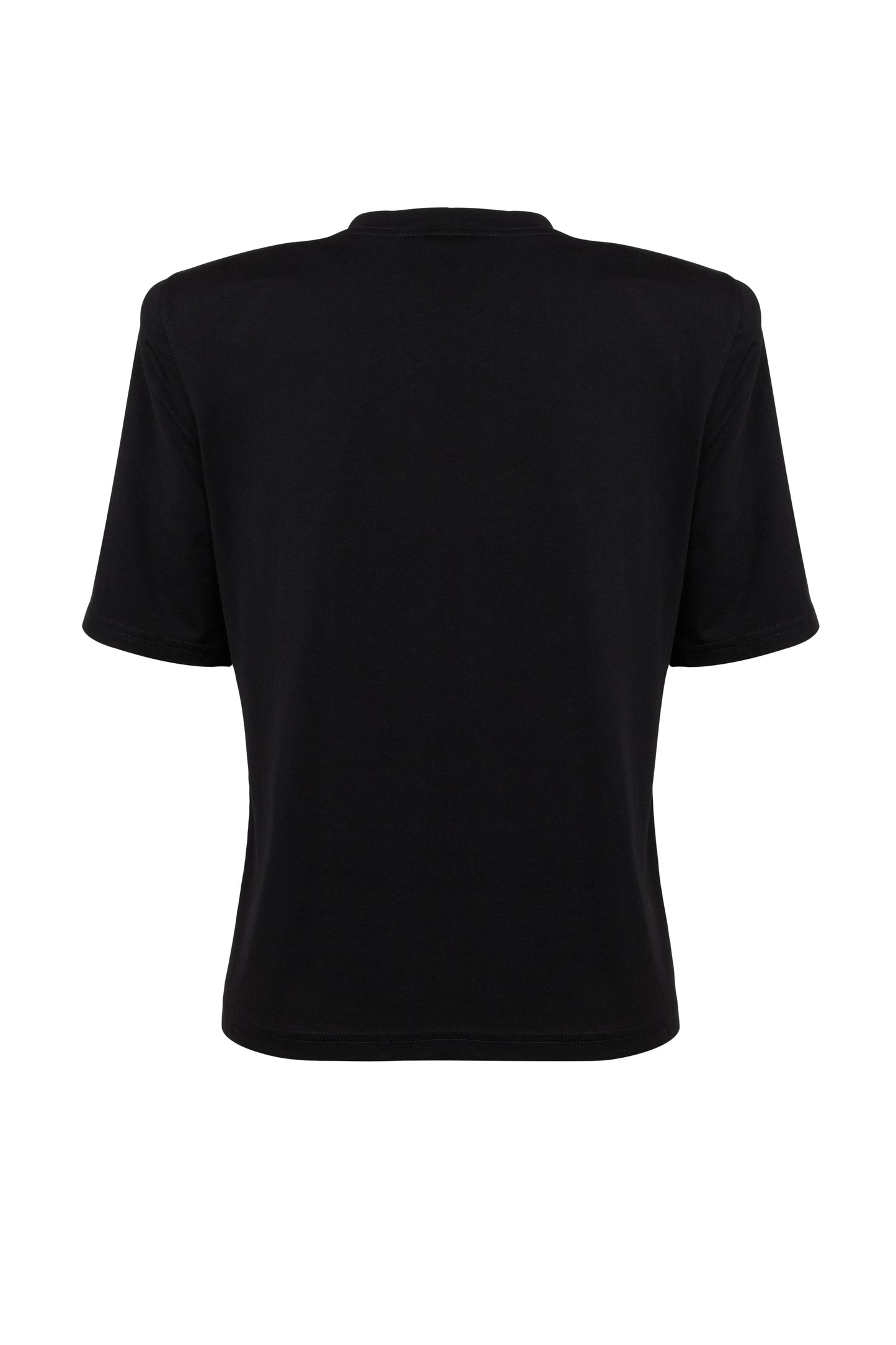 Black, oversized silhouette t-shirt with face embroidery in white. The embroidery is in the upper frontal centre of the t-shirt. The fabric is from 100% eco-friendly cotton. It's photographed from the back on white background.