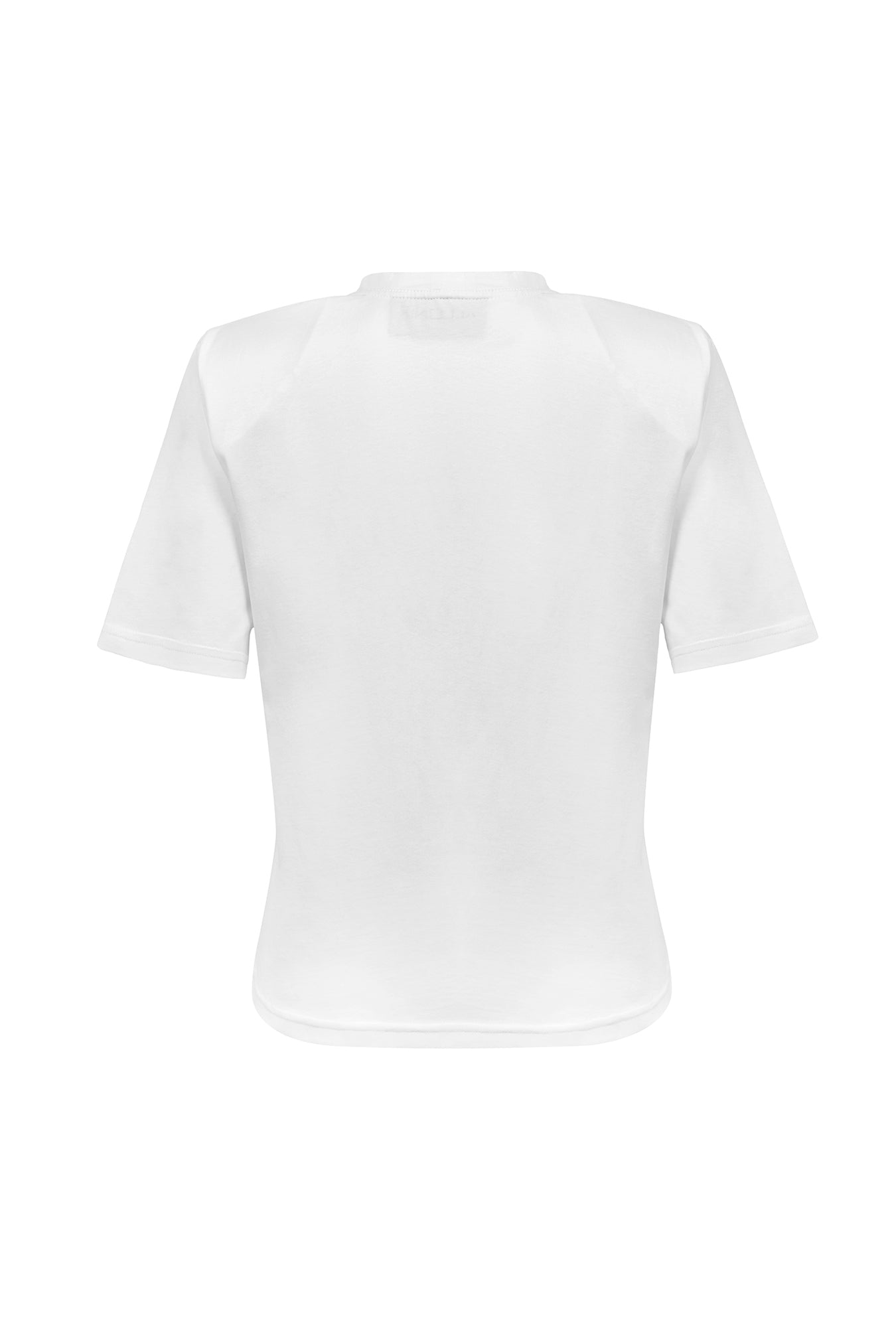 White, oversized silhouette t-shirt with face embroidery in black. The embroidery is in the upper frontal centre of the t-shirt. The fabric is from 100% eco-friendly cotton. It's photographed from the back on white background.