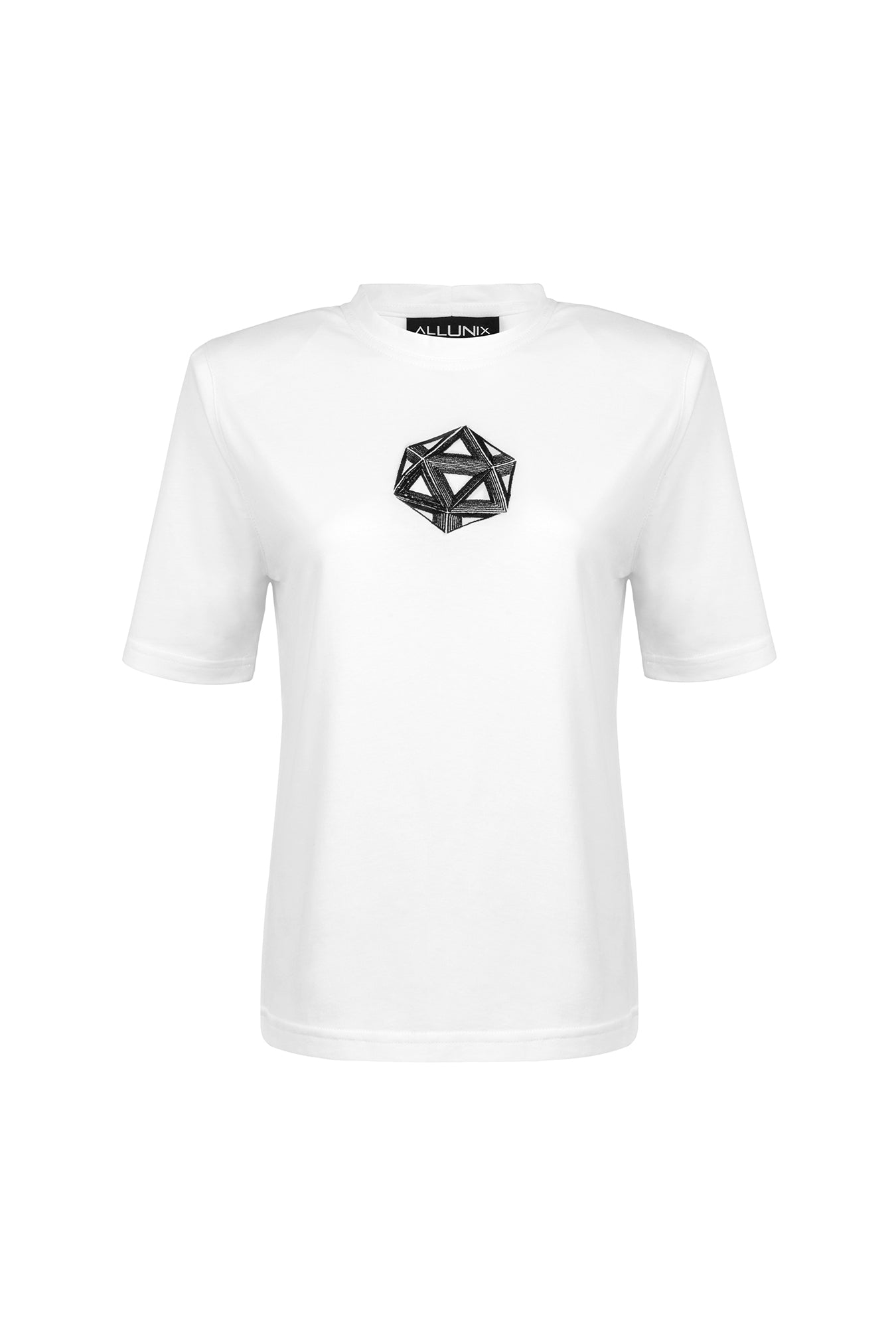 White, oversized silhouette t-shirt with ICOSahedron embroidery in black. The embroidery is in the upper frontal centre of the t-shirt. The fabric is from 100% eco-friendly cotton. It's photographed from the front on white background.